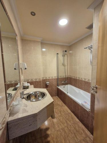 a bathroom with a sink and a bath tub at Hotel HHB Pontevedra Confort in Pontevedra
