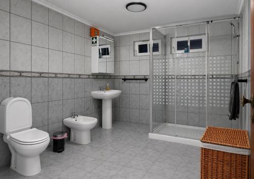 a bathroom with a toilet and a shower and a sink at Ocidente House 2 in Santa Cruz das Flores