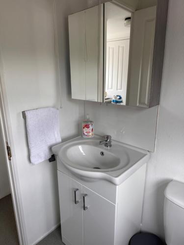 a white bathroom with a sink and a mirror at Toad Hall Suite in Chelmsford