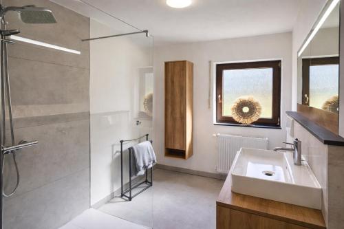a bathroom with a sink and a shower at MV Römerlodge mit einmaligem Moselpanoramablick in Treis-Karden