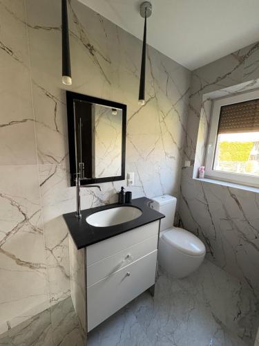 a bathroom with a sink and a toilet at Biebrzańska Dolina 2 in Goniadz