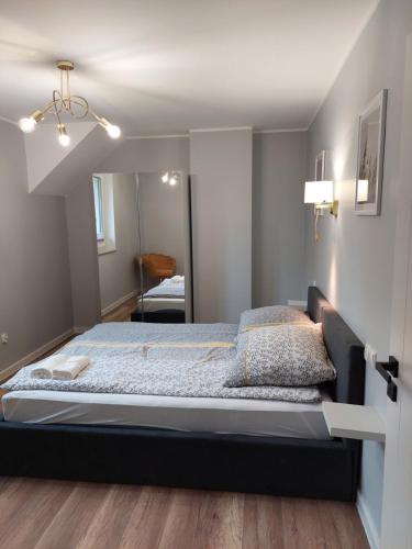 a bedroom with a bed in a room with a mirror at Domki Alpati in Jastrzębia Góra