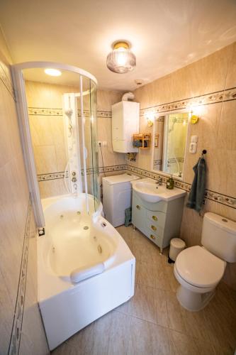 a bathroom with a tub and a toilet and a sink at Dunai Menedék in Ráckeve
