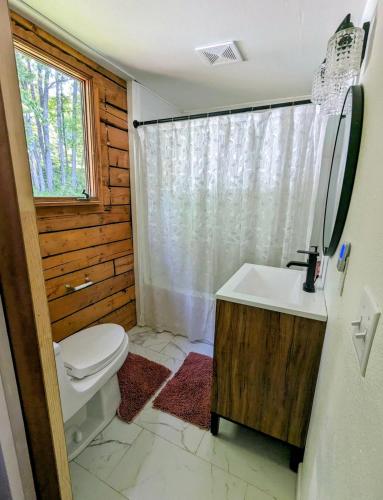 a bathroom with a white toilet and a sink at Log Cabin with Mountain Views in Palmer