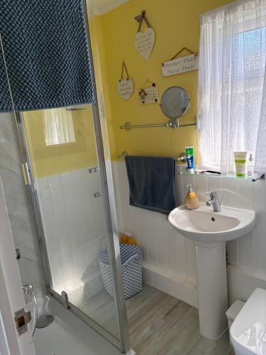 a bathroom with a shower and a sink at Sally Chalet in Hemsby