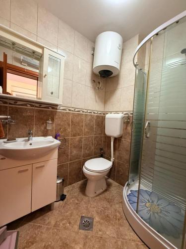 a bathroom with a toilet and a shower and a sink at Neva in Budva