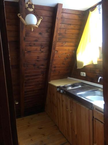 a small kitchen with wooden walls and a sink at Joyosada - Ferienhäuser in Seenlandschaft in Prusim