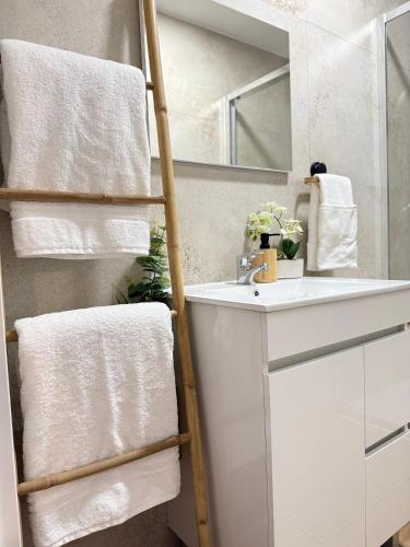 a bathroom with a towel ladder next to a sink at Horizonte da Vinha in Santo Tirso