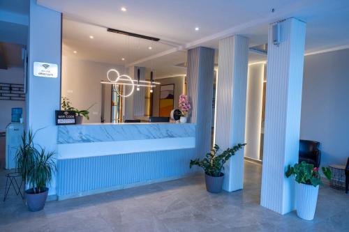 a store front with a mirror and potted plants at Vila Kollari in Ulcinj