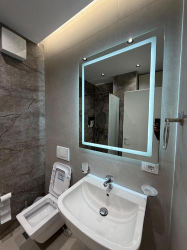a bathroom with a sink and a toilet and a mirror at Sako Apartaments 2 in Golem