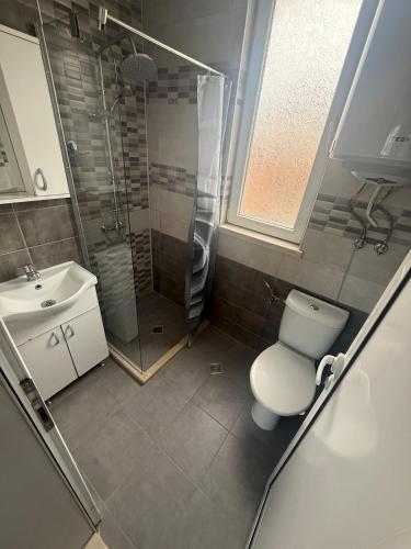a bathroom with a shower and a toilet and a sink at Уютът на Ясен in Yasen