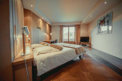 a bedroom with a bed and a desk and a television at appartement 103m2 près de Megève, face à télécabine la Princesse,2 chambres , garage, local à ski in Demi-Quartier