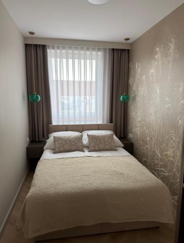 a bedroom with a large bed in front of a window at Calma Apartament Moderato in Starogard Gdański