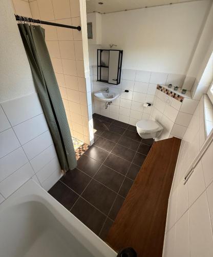a bathroom with a toilet and a sink at Chalet Annemie in Mendig