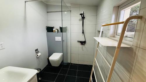 a small bathroom with a toilet and a shower at Ensuite Condo Aruba in Palm-Eagle Beach