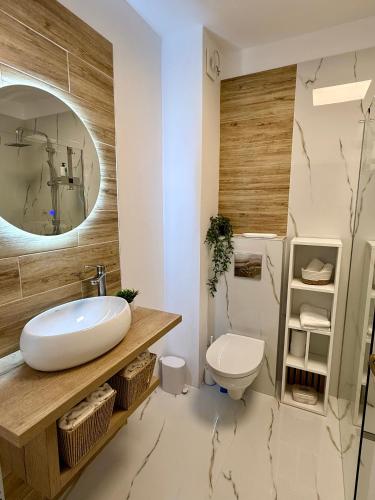 a bathroom with a sink and a toilet at Emerald Stay in Şelimbăr