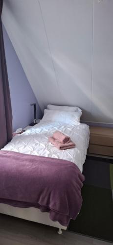 a bed with a pink towel on top of it at Homestay Maashees in Maashees