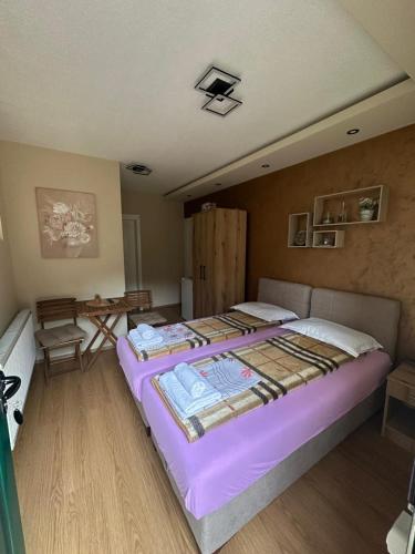 a bedroom with a large bed with purple sheets at Velez IVANOVI DVORI in Jošanička Banja