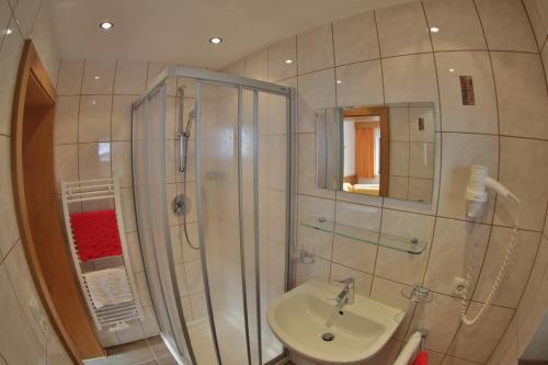 a bathroom with a shower and a sink at Alpenapart Zell in Längenfeld