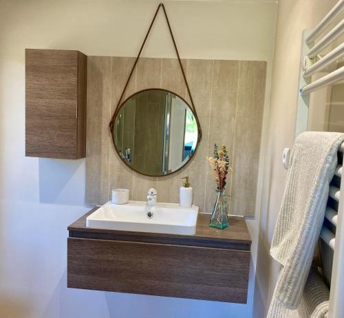 a bathroom with a sink and a mirror at Les choses de la vie in Saint-Alvère