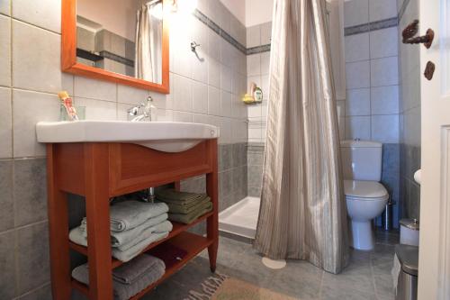 a bathroom with a sink and a toilet and a shower at Tinos Sky View Villa in Arnados