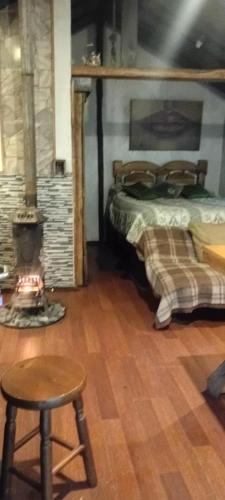 ein Schlafzimmer mit Bett, Stuhl und Kamin in der Unterkunft Pucón Magic forest in Pucón