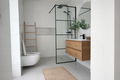 a bathroom with a shower and a toilet and a sink at Theodora Residence in Balatonalmádi
