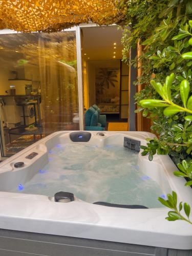 a jacuzzi tub in a yard with plants at The Beach Dream in Saint-Laurent-du-Var