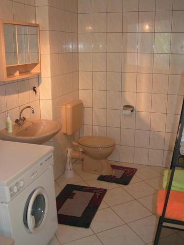 a bathroom with a toilet and a washing machine at hausamsolschacht in Bad Kösen