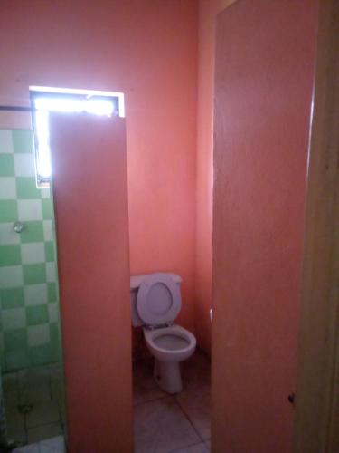 a bathroom with a toilet in a red wall at Mabouya Villas in Dennery