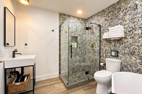 a bathroom with a shower and a toilet and a sink at The Kingfisher Lodge in Cornell