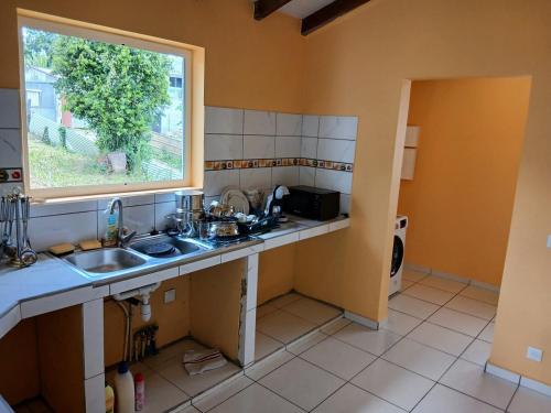 a kitchen with a sink and a window at Maison Hibiscus in Petit-Bourg