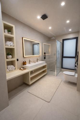 a bathroom with a sink and a toilet and a mirror at Villa Jonchère in Chanteloup-en-Brie