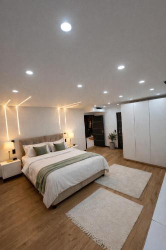 a bedroom with a large bed with lights on the ceiling at Villa Jonchère in Chanteloup-en-Brie