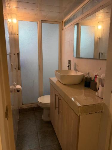 a bathroom with a sink and a toilet at Apartment near Azteca Stadium- Coyoacan in Mexico City