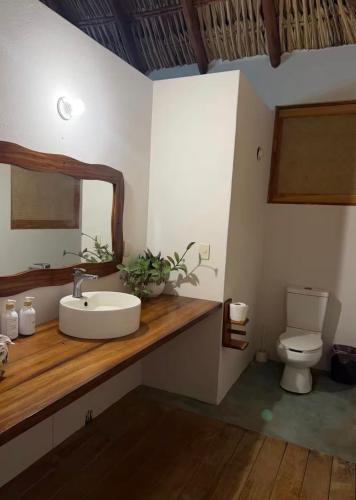 a bathroom with a sink and a toilet at Bungalos Blanca in Temalhuacán