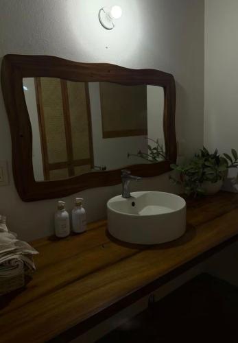 a bathroom with a sink and a mirror on a counter at Bungalos Blanca in Temalhuacán