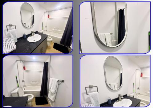 four pictures of a bathroom with a sink and a mirror at Bliss Haven in Winnipeg