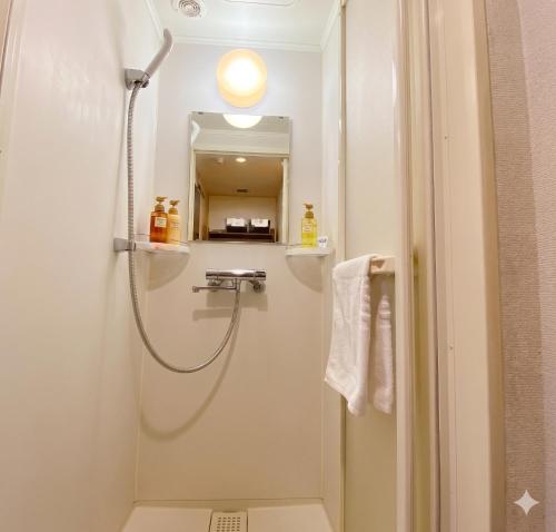 a bathroom with a shower with a sink and a mirror at Dormy Inn Akihabara in Tokyo
