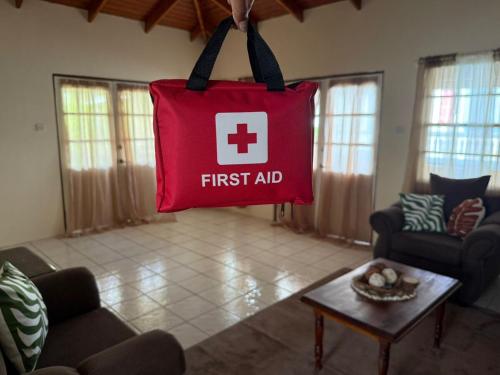 a first aid bag hanging in a living room at The Corinth House in Corinthe
