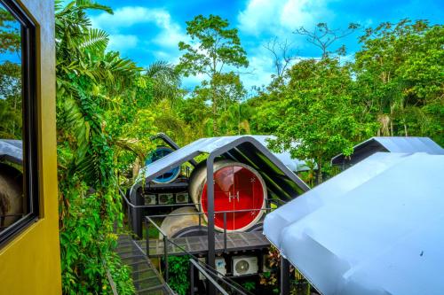 a train in the jungle with trees in the background at Arenal Backpackers Resort in Fortuna