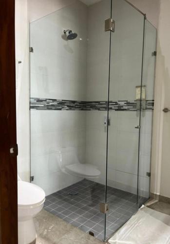 a glass shower in a bathroom with a toilet at Apartamento en Punta Mita in Higuera Blanca