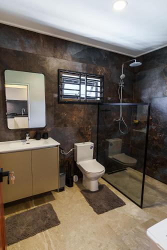 a bathroom with a toilet and a sink and a shower at Lobby Apartments in Paramaribo