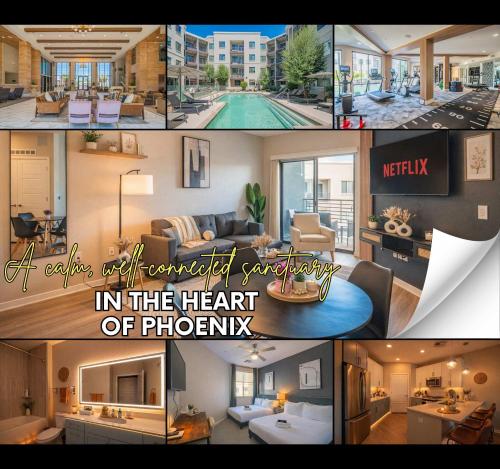 a collage of four pictures of a living room and aominium at Bright 1BR Uptown Biltmore Gym Pool Parking WD in Phoenix