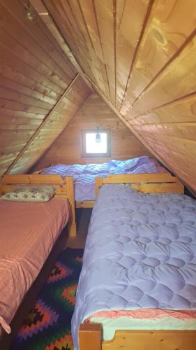 a bedroom with two beds in a wooden cabin at Vikendica Dani in Ljubovija