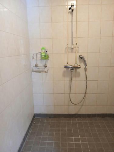 a shower in a bathroom with a tiled wall at Villa Sukuviiri in Vimpeli