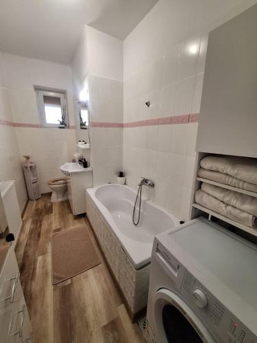 ein Badezimmer mit Badewanne und Waschmaschine darin in der Unterkunft Duplex Confort Hd in Hunedoara