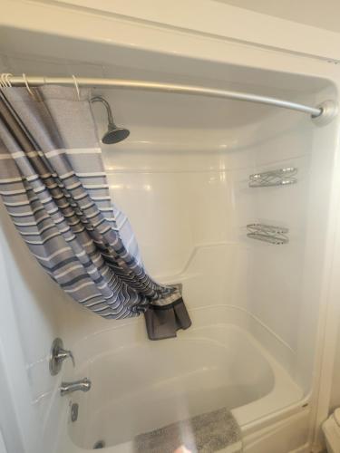 a bathroom with a tub and a shower curtain at Sword and Dove Rental in Spirit River