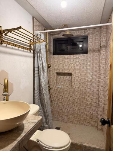 a bathroom with a shower with a toilet and a sink at Apartamento Xeul in Quetzaltenango