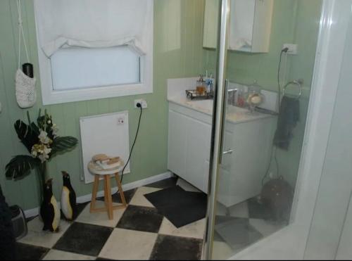 a bathroom with a shower and a sink and a stool at Marlay Cottage in Stanthorpe